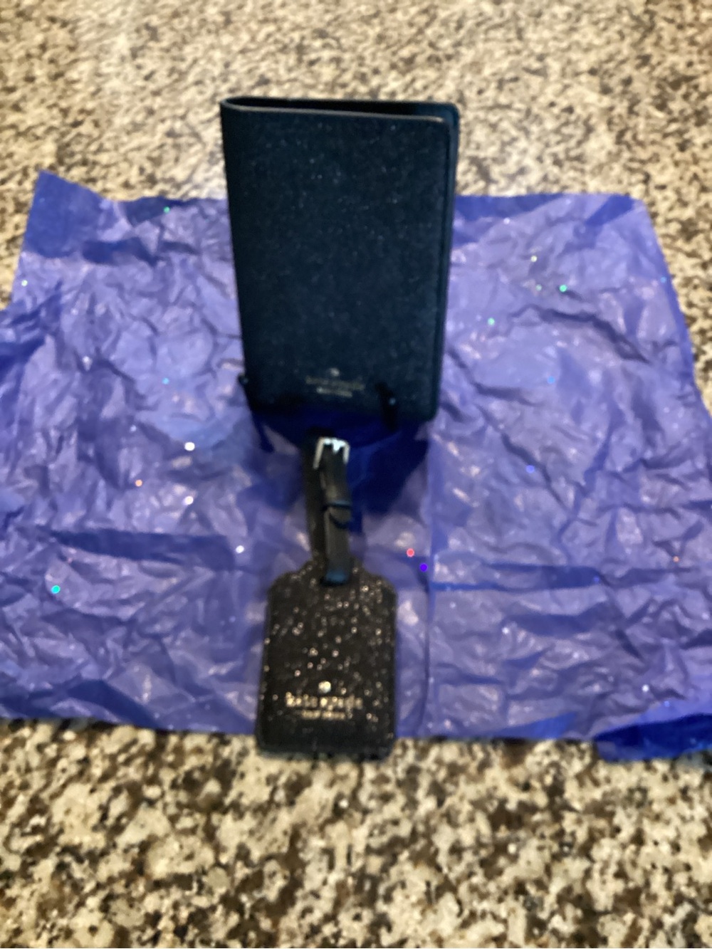 kate spade Black Glitter Passport Holder with Matching Luggage Tag